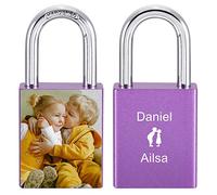 MeMeDIY Personalized Love Lock Engraving Photo Custom Picture for Couples Men Women Boyfriend Girlfriend Lover Aluminum Memorial Anniversary Valentine Bridge Padlock with Key (Purple Color)