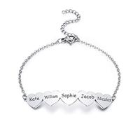 MeMeDIY Personalized Names Friendship Bracelets/Sister Bracelets/Family Bracelets for 2/3/4/5, with Engraved Name Heart Charms, Bridesmaid Gifts, Friendship Gifts for Women Friends(5 hearts)