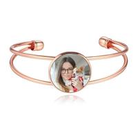 MeMeDIY Personalized Photo Bracelet for Women Engraved Picture Text Name Gold/Silver/Black Open Cuff Bangle Bracelet Heart Charm Custom Jewelry Gift for Mom Wife Friend - A3