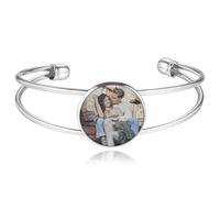 MeMeDIY Personalized Photo Bracelet for Women Engraved Picture Text Name Gold/Silver/Black Open Cuff Bangle Bracelet Heart Charm Custom Jewelry Gift for Mom Wife Friend - A1
