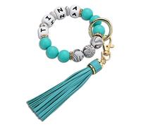 MeMeDIY Personalized Silicone Bead Keychain Bracelet for Mom Custom Letter/Name Beaded Key Ring Four-fold Rope Women Wristlet with Tassel （Cyan-Blue + Marble）