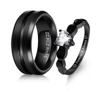 MeMeDIY Personalized Stainless Steel Couples Rings Set, Engraved Names Promise Rings with Heart Gemstone, Gift Bag Included (Rings Set, Style 1)