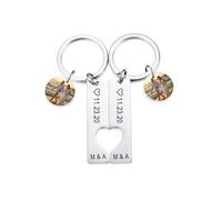 MeMeDIY Personalized Stainless Steel Matching Keychain 2PCS Set Custom Heart Puzzle with Date Round Tag Engraved Photo Cut-off Keychain with Name Memorial Gift For Women Couple Friend (A1)