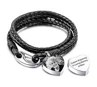 MeMeDIY Personalized Urn Bracelet Engraving Photo Name Custom for Women Girl Men Genuine Leather Chain Stainless Steel Pendant Dog Cat Pet Human Ashes Holder Memorial Cremation Keepsake Funnel Kit