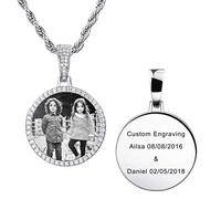 MeMeDIY Picture Necklace Personalized Custom Photo Copper Medal Pendant Engravingext/Name/Date Memory Iced Out Round Medallion with Hip Hop Charm Rope Chain for Men Women Boys (Silver 18 inches)