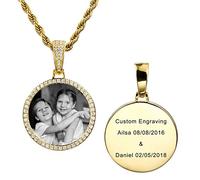 MeMeDIY Picture Necklace Personalized Custom Photo Copper Medal Pendant Engravingext/Name/Date Memory Iced Out Round Medallion with Hip Hop Charm Rope Chain for Men Women Boys (Gold 22 inches)