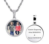 MeMeDIY Picture Necklace Personalized Custom Photo Copper Medal Pendant Engravingext/Name/Date Memory Iced Out Round Medallion with Hip Hop Charm Rope Chain for Men Women Boys (Silver 20 inches)