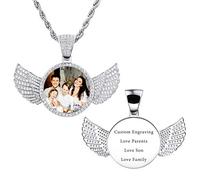 MeMeDIY Picture Necklace Personalized Custom Photo Copper Medal Pendant Engravingext/Name/Date Memory Iced Out Angel Wing Medallion with Hip Hop Charm Rope Chain for Men Women (Silver 22 inches)