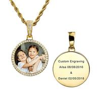 MeMeDIY Picture Necklace Personalized Custom Photo Copper Medal Pendant Engravingext/Name/Date Memory Iced Out Round Medallion with Hip Hop Charm Rope Chain for Men Women Boys (Gold 30 inches)
