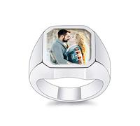 MeMeDIY Stainless Steel Jewelry Custom Photo Signet Ring Initial Simple Ring for Men/Women Memorial Gifts (Silver Color Size T)
