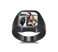 MeMeDIY Stainless Steel Jewelry Custom Photo Signet Ring Initial Simple Ring for Men/Women Memorial Gifts (Black Color Size T)