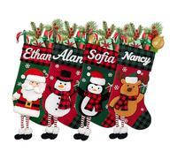 mememom Personalised Christmas Stockings with Name, Custom 3D Xmas Character Stocking Santa Claus Snowman Reindeer,Large Red and Green Plaid Christmas Stocking for Family Decoration(Style 7-3 Pack)