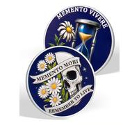 Memento Mori Coin, Daisy and Hourglass Stoic Challenge Coin | Blue Silver Skull Daily Reminder Medallion - Stoicism Gifts for Men Women - Applicable to Daily Stoic Practice
