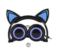 MEMEWOCA CL107 Cat Ear Foldable Music Headphone with LED Light, Micro USB Wired Headset, 40mm Driver Comfortable Over - Ear Headphones for PC Mobile Phone Kids (Black Blue)