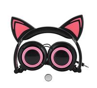 MEMEWOCA CL107 Cat Ear Foldable Music Headphone with LED Light, Micro USB Wired Headset, 40mm Driver Comfortable Over - Ear Headphones for PC Mobile Phone Kids (Black Red)