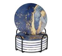 Memeyou Navy Blue Marble Ceramic Coasters With Holder Absorbent Drink Gold Coaster Set Outdoor Round Cute Table Coffee Cup Fun Wine Beer Bar Cork Coasters 6 Pack