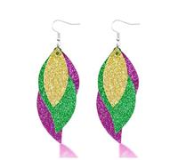 MEMFALL Mardi Gras Earrings for Women Mardi Gras Leaf Earrings Leather Purple Green Yellow Earrings Mardi Gras Jewelry, Metal, No Gemstone