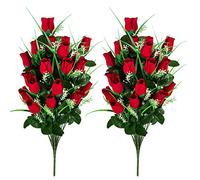 Memobloom Artificial Cemetery Flowers Grave Bouquets 2 Pcs Grave Memorial Flowers Red Fake Roses for Cemetery Gravesite Floral Arrangements Graves Decorations Silk Funeral Fower for Grave Vase