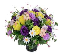 Memobloom Artificial Flowers for Graves Pots: Purple Yellow Roses Grave Flower Pots Spring Silk Cemetery Ornaments for Outdoor Decoration - Fake Funeral Memorial Bouquet with Holders for Graveside