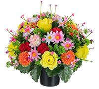 Memobloom Artificial Flowers for Graves Pots: Yellow Orange Red Pink Roses Grave Flower Pots Spring Cemetery Ornaments Outdoor Decoration - Fake Funeral Memorial Chrysanthemum Bouquet for Graveside