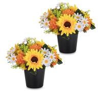 Memobloom Artificial Grave Flower Pots: 2 Pcs Graves Autumn Flowers Artificial Cemetery Sunflower for Outdoor Decoration - Yellow Orange Fake Funeral Memorial Bouquet in Pot for Fall Graveside