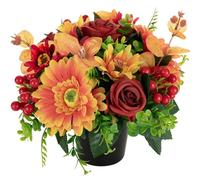 Memobloom Artificial Grave Flower Pots: Autumn Red Roses Orange Sunflowers Pansy Artificial Flowers for Graves Decorations - Cemetery Memorial Silk Bouquet in Pot Outdoor Graveside