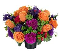 Memobloom Artificial Grave Flower Pots: Orange Roses Purple Carnation Artificial Flowers for Graves Cemetery Decorations - Spring Funeral Memorial Fake Silk Bouquet for Outdoor Graveside