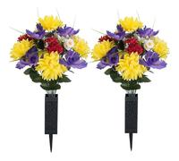 Memobloom Artificial Memorial Flowers for Cemetery: 2 Pcs Cemetery Flowers for Grave Decorations - Realistic Yellow Mums Purple Iris Bouquets with Vases for Gravisite Outdoor