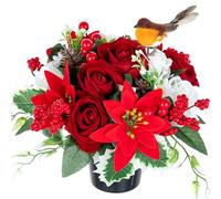 Memobloom Christmas Artificial Flowers for Graves: Robin Red Poinsettia Rose in Grave Flower Pots Cemetery Decorations - Fake Silk Memorial Arrangements for Outdoor Xmas Graveside