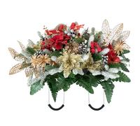 Memobloom Christmas Saddle for Cemetery Headstone: Headstone Flower Saddle with Artificial Glittered Gold Red Poinsettias Snowy Pine Needles - Cemetery Flowers for Grave - Outdoor Grave Decorations
