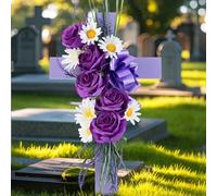 Memobloom Cross for Cemetery Grave with Flowers: Outdoor Grave Decorations - 1Pc Purple Roses Artificial Flowers Memorial Wooden Cross