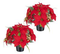 Memobloom Grave Flower Pots for Christmas: 2 Pcs Artificial Flowers for Graves in Pot - Funeral Cemetery Red Poinsettia for Outdoor Decorations - Memorial Bouquet Arrangements for Xmas Graveside