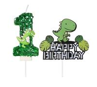 MEMOFYND 1 Dinosaur Candle, 1 Dinosaur Cake Card Insert, Number 1 Candle, Happy Birthday Cake Top Hat, Green Decoration, Children'S Birthday Party Decoration