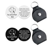 MEMOFYND 2 PCS Double Sided Engraved Keychains with Leather Case Inspirational Lucky Charm Gift Round Commemorative Portable Pocket Hug Lucky Coins (Steel Color, Black)