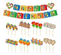 MEMOFYND 24 Pieces Of Building Blocks, 1 Piece Of Happy Birthday Flag, Creative Building Block Cake Decoration, Cake Topper, Children'S Birthday Party Decoration
