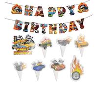 MEMOFYND 29 Pieces Flame Racing Cake Decorations, 1 Piece Happy Birthday Banner, Kids Birthday Cake Decorations, Hot Car Cake Decorations, Boys Birthday Party Decorations