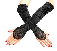 MEMOFYND Lace Floral Opera Gloves, Satin Long Elbow Length, Gothic Style, Retro Fingerless, Suitable for Stage Performance, Role Play (Black)