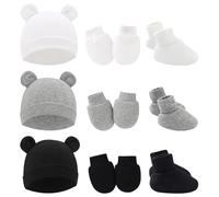 MEMOFYND Set of 3 Bear Hats with Feet Covers, Unisex Baby Hats, Cotton Gloves, No-Scratch Newborn Socks (White, Black, Grey)