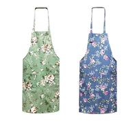 MEMOFYND Women's Floral Kitchen Aprons, Vintage & Baking Aprons with 2 Pockets (Blue, Green)