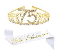 Memonotry 75th Birthday Gold Tiara and Sash Glitter Satin Sash and Crystal Rhinestone Tiara Crown for Happy 75th Birthday Party Supplies Favors Decorations 75th Birthday Cake Topper Party Accessories