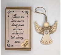 Memorial Angel Ornament with Quote, 8cm Wooden Angel with Heart Charm, Sympathy Condolence Gift