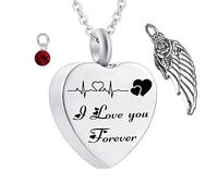 Memorial Ashes Urn,Heart with Angel Wing Birthstone and ECG Engraving I Love You Forever Pet Ashes Necklace Stainless Steel Urn Necklace for Ashes