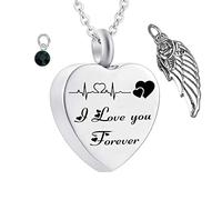 Memorial Ashes Urn,Heart with Angel Wing Birthstone and ECG Engraving I Love You Forever Pet Ashes Necklace Stainless Steel Urn Necklace for Ashes
