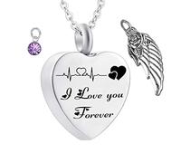 Memorial Ashes Urn,Heart with Angel Wing Birthstone and ECG Engraving I Love You Forever Pet Ashes Necklace Stainless Steel Urn Necklace for Ashes