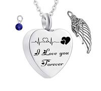 Memorial Ashes Urn,Heart with Angel Wing Birthstone and ECG Engraving I Love You Forever Pet Ashes Necklace Stainless Steel Urn Necklace for Ashes