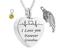 Memorial Box for Human Ashes,Heart with Birthstone Angel Wing and ECG Engraving I Love You Forever Grandma Stainless Steel Pendant Urn Pendant for Ashes