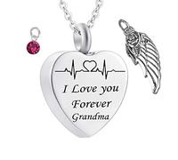 Memorial Box for Human Ashes,Heart with Birthstone Angel Wing and ECG Engraving I Love You Forever Grandma Stainless Steel Pendant Urn Pendant for Ashes