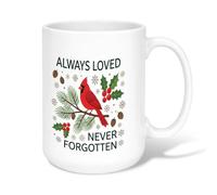 Memorial Cardinal Sympathy Quote Winter Ceramic Coffee Mug 15oz | Memorial Tribute, Drinking Cup, Cardinal Bird Illustration, Holly Berry And Pinecones Print, Sympathy Gift