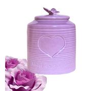 Memorial Ceramic Urn with Heart Design, Small Cremation Keepsake Container, Lavender Purple, 'Always in Our Hearts'