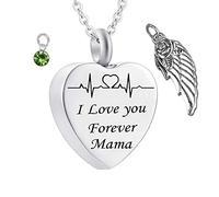 Memorial for Ashes Necklace,Heart with Angel Wing Birthstone and ECG Engraving I Love You Forever Mama Urn Necklaces for Ashes Stainless Steel Necklace Urns